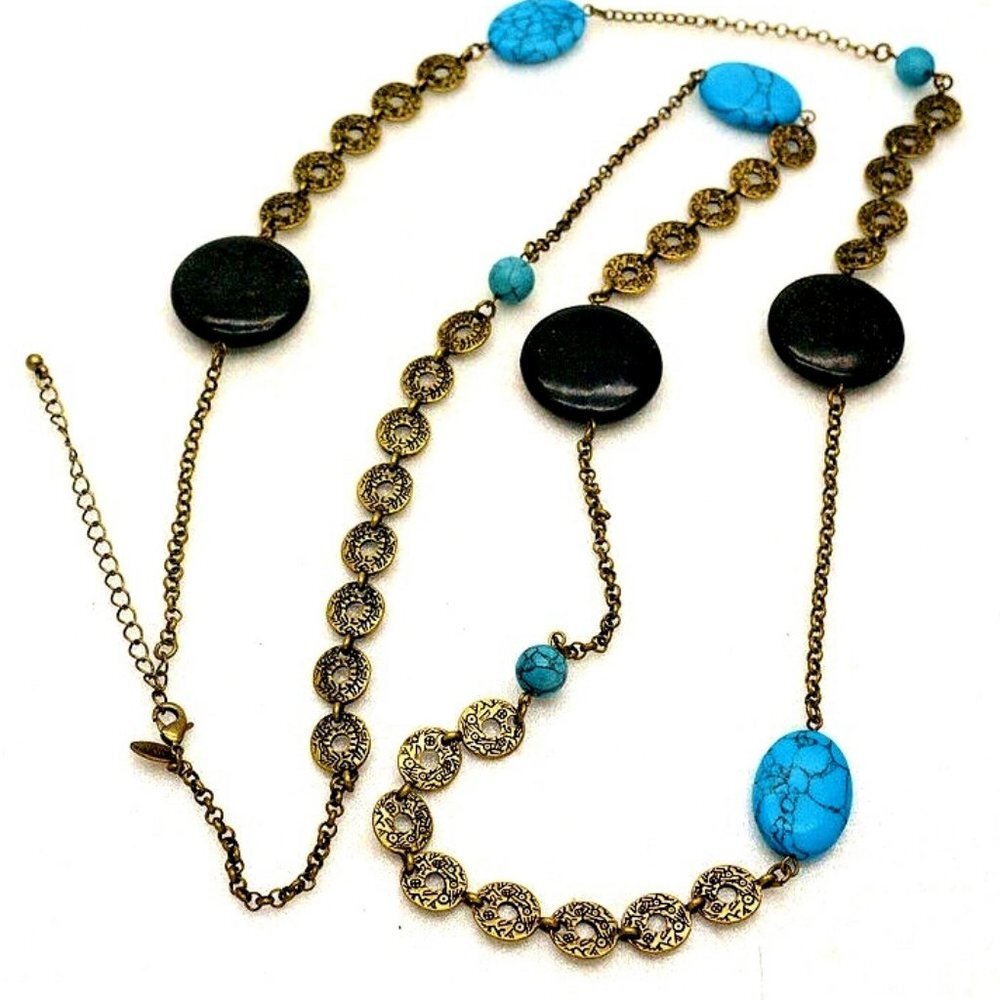 Lia Sophia Necklace Turquoise, Brown & Bronze Tones 44" NWOT Perfect Cond M394